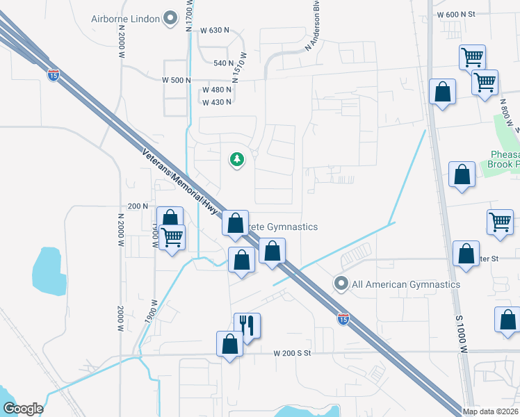 map of restaurants, bars, coffee shops, grocery stores, and more near West 180 North in Lindon