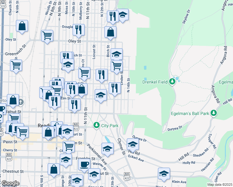 map of restaurants, bars, coffee shops, grocery stores, and more near 355 North 13th Street in Reading