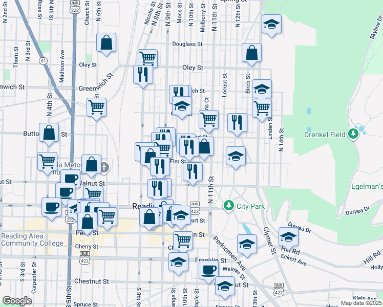 map of restaurants, bars, coffee shops, grocery stores, and more near 319 North 10th Street in Reading