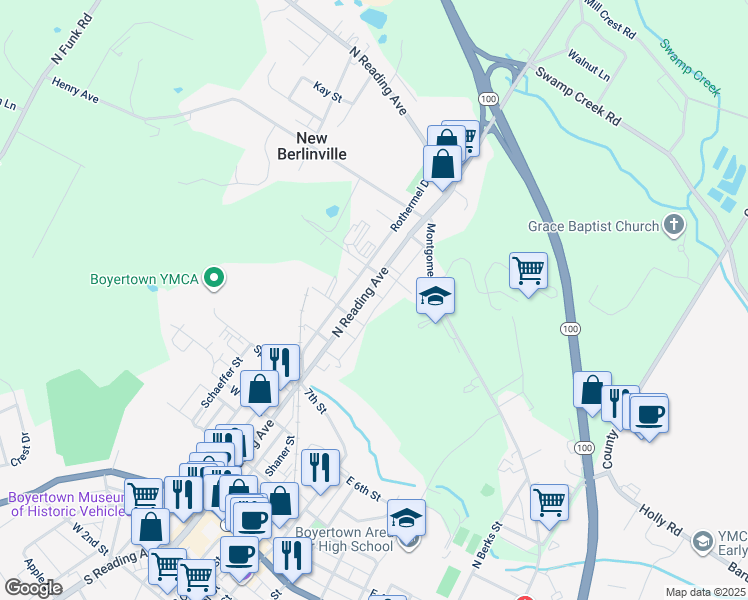 map of restaurants, bars, coffee shops, grocery stores, and more near 542 North Reading Avenue in Boyertown
