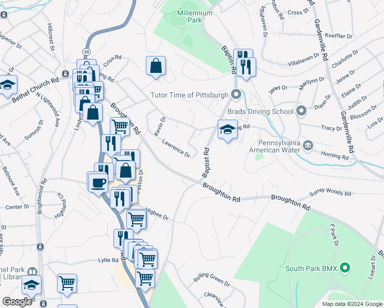 map of restaurants, bars, coffee shops, grocery stores, and more near 7050 Lawrence Road in Bethel Park