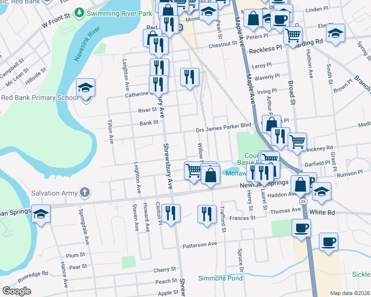 map of restaurants, bars, coffee shops, grocery stores, and more near South Bridge Avenue in Red Bank