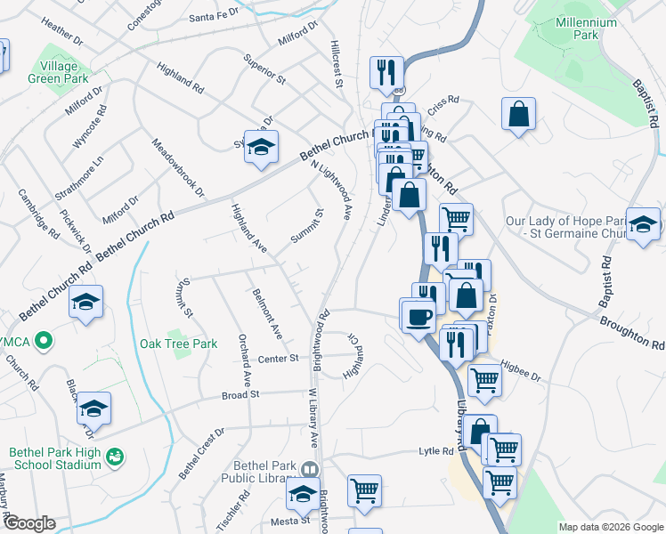 map of restaurants, bars, coffee shops, grocery stores, and more near 2592 North Lightwood Avenue in Bethel Park