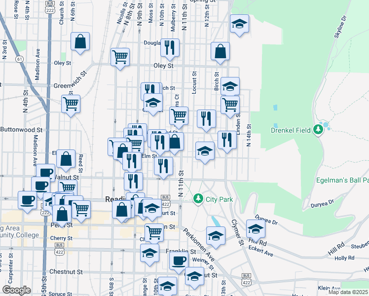 map of restaurants, bars, coffee shops, grocery stores, and more near 325 North 11th Street in Reading