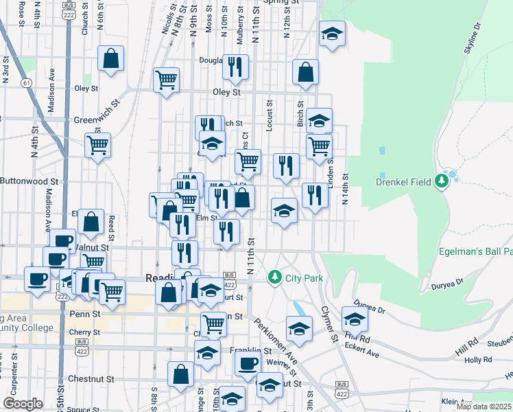map of restaurants, bars, coffee shops, grocery stores, and more near 325 North 11th Street in Reading