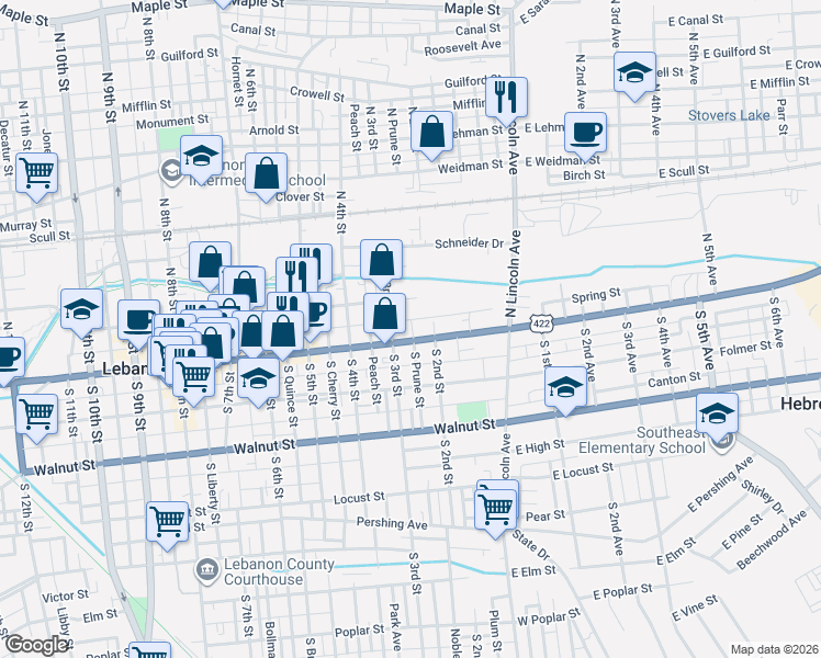 map of restaurants, bars, coffee shops, grocery stores, and more near 100 South 3rd Avenue in Lebanon