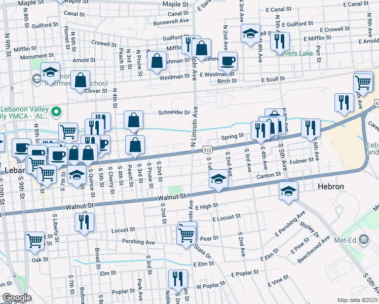 map of restaurants, bars, coffee shops, grocery stores, and more near 5 Cumberland Street in Lebanon