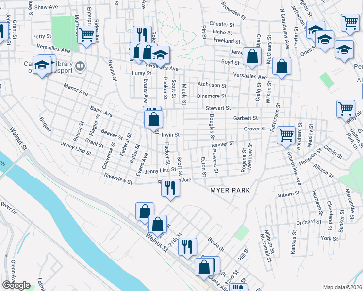 map of restaurants, bars, coffee shops, grocery stores, and more near 1700 Scott Street in McKeesport