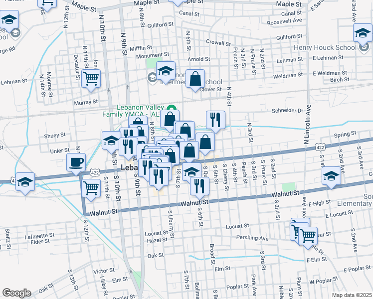 map of restaurants, bars, coffee shops, grocery stores, and more near 40 North 7th Street in Lebanon