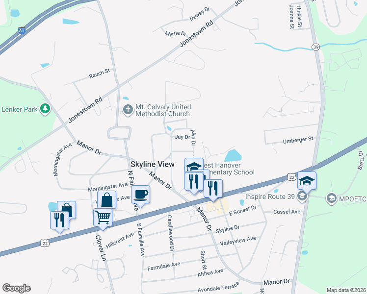 map of restaurants, bars, coffee shops, grocery stores, and more near 153 Florence Drive in Harrisburg