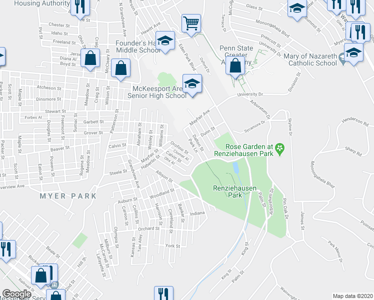 map of restaurants, bars, coffee shops, grocery stores, and more near 2026 Park Lane in McKeesport