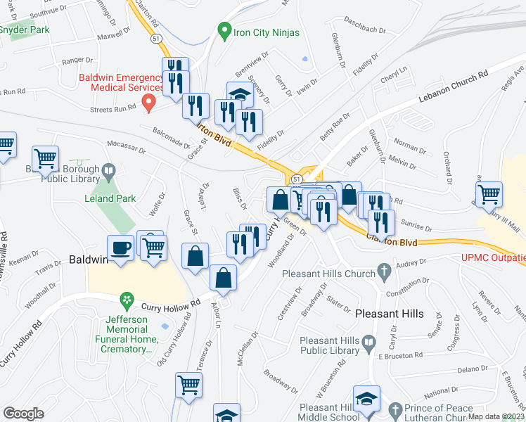 map of restaurants, bars, coffee shops, grocery stores, and more near 2 Marhoefer Drive in Pleasant Hills