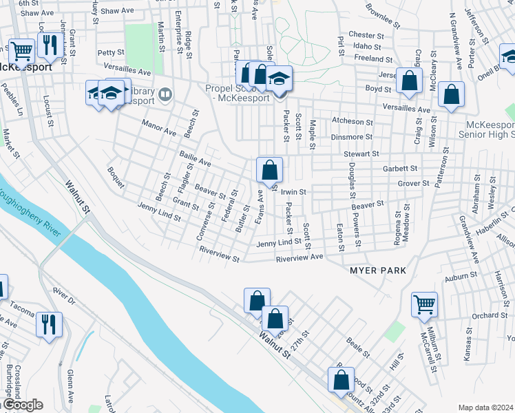 map of restaurants, bars, coffee shops, grocery stores, and more near 2211 Beaver Street in McKeesport