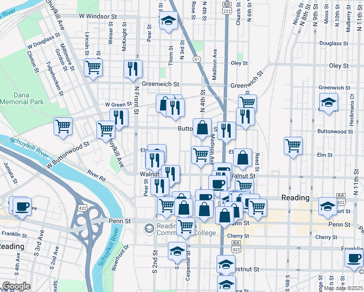 map of restaurants, bars, coffee shops, grocery stores, and more near 309 North 3rd Street in Reading
