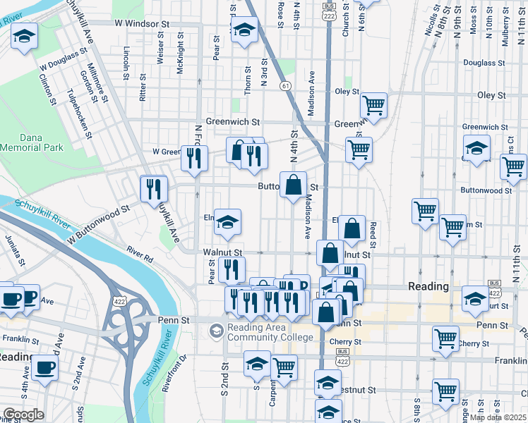 map of restaurants, bars, coffee shops, grocery stores, and more near 309 North 3rd Street in Reading