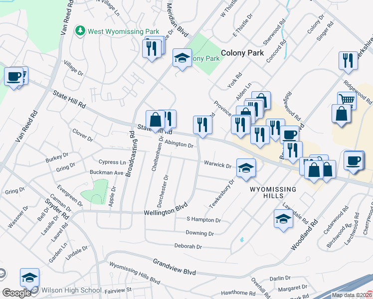 map of restaurants, bars, coffee shops, grocery stores, and more near 4 Wellington Boulevard in Wyomissing