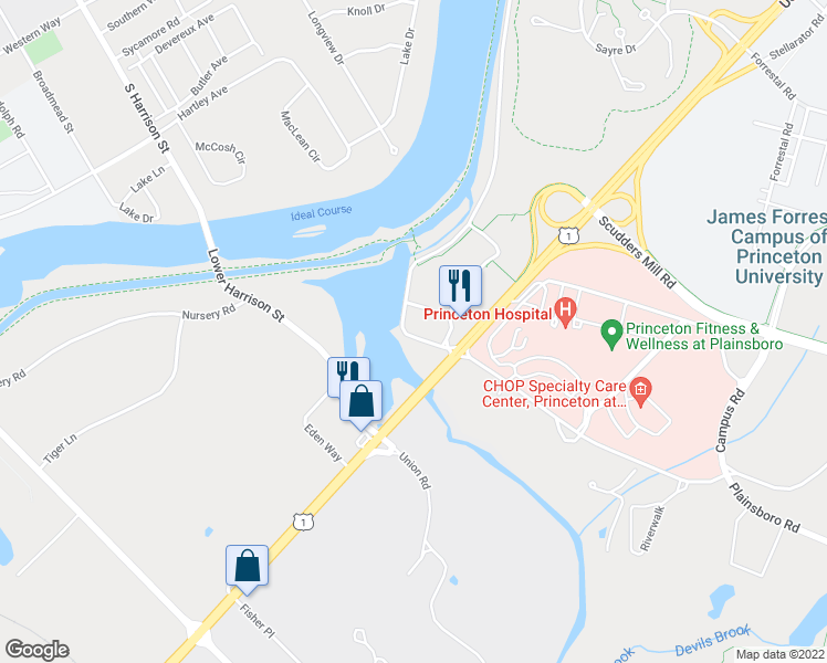 map of restaurants, bars, coffee shops, grocery stores, and more near 5 Mapleton Road in Princeton
