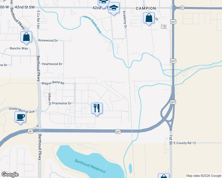 map of restaurants, bars, coffee shops, grocery stores, and more near 512 Wagon Bend Road in Berthoud