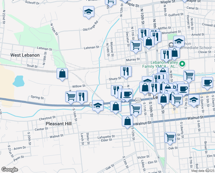 map of restaurants, bars, coffee shops, grocery stores, and more near 1401 Willow Street in Lebanon