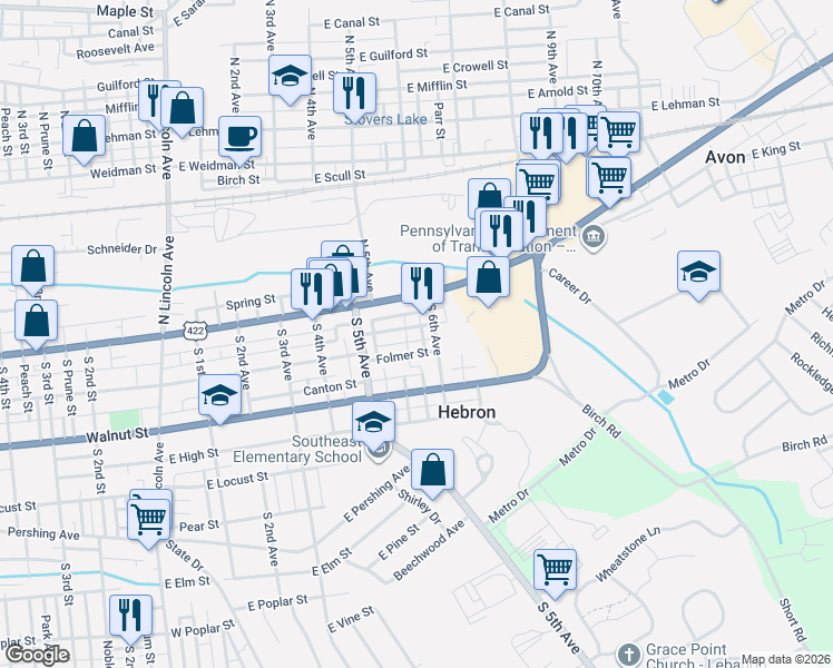 map of restaurants, bars, coffee shops, grocery stores, and more near 5 Walton Alley in Lebanon