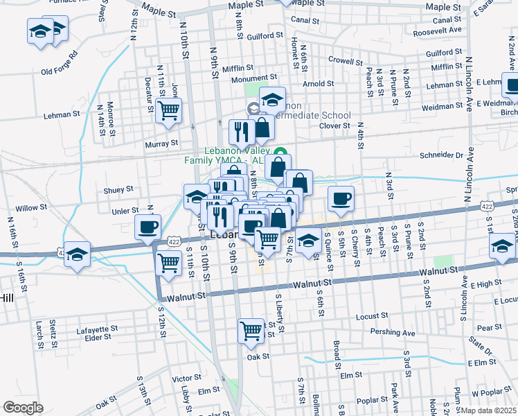 map of restaurants, bars, coffee shops, grocery stores, and more near 119 North 8th Street in Lebanon