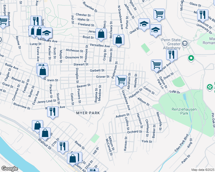 map of restaurants, bars, coffee shops, grocery stores, and more near 1811 Craig Street in McKeesport