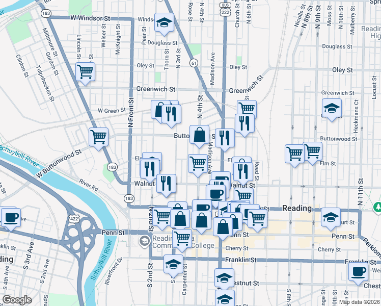 map of restaurants, bars, coffee shops, grocery stores, and more near 336 North 4th Street in Reading