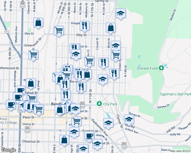 map of restaurants, bars, coffee shops, grocery stores, and more near 349 Locust Street in Reading