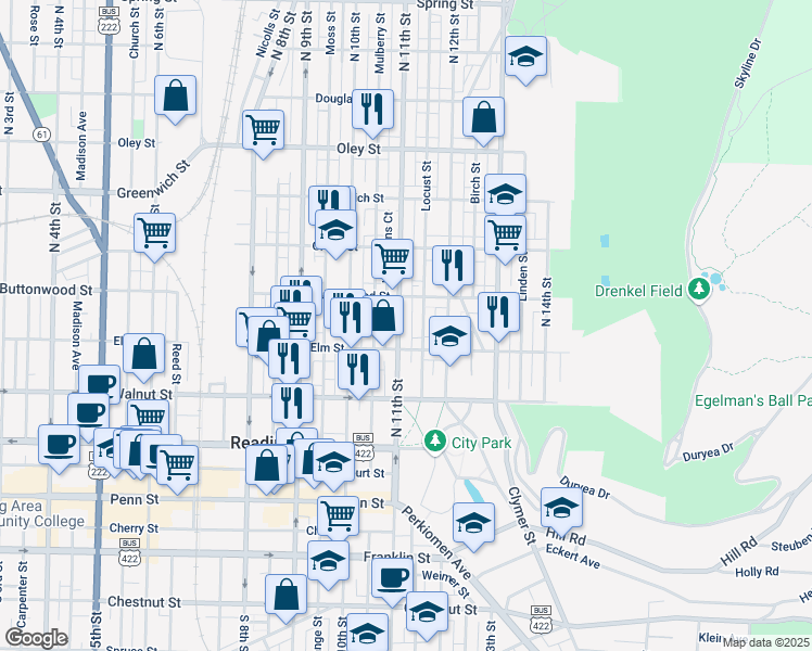 map of restaurants, bars, coffee shops, grocery stores, and more near 349 Locust Street in Reading