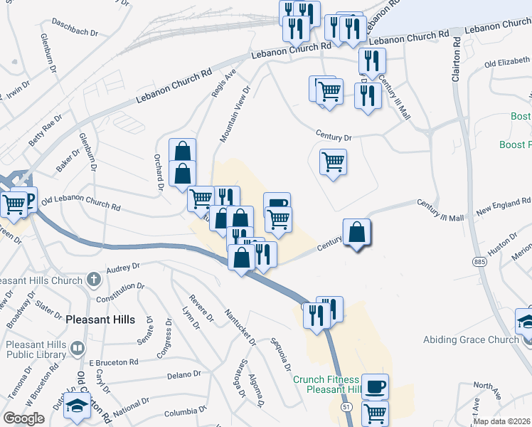 map of restaurants, bars, coffee shops, grocery stores, and more near 9911 Mountain View Drive in West Mifflin