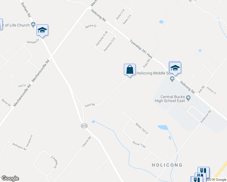 map of restaurants, bars, coffee shops, grocery stores, and more near 5033 Paist Road in Doylestown