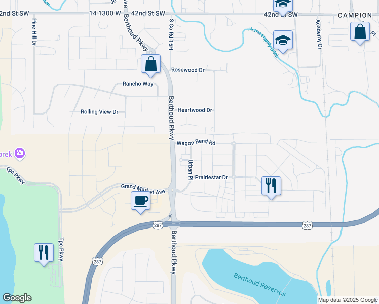 map of restaurants, bars, coffee shops, grocery stores, and more near 2982 Urban Place in Berthoud