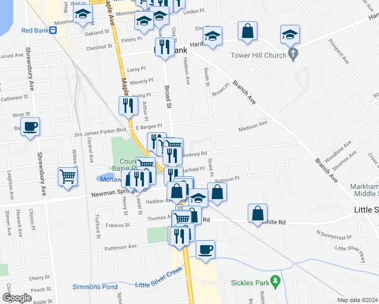 map of restaurants, bars, coffee shops, grocery stores, and more near 20 Pinckney Road in Red Bank