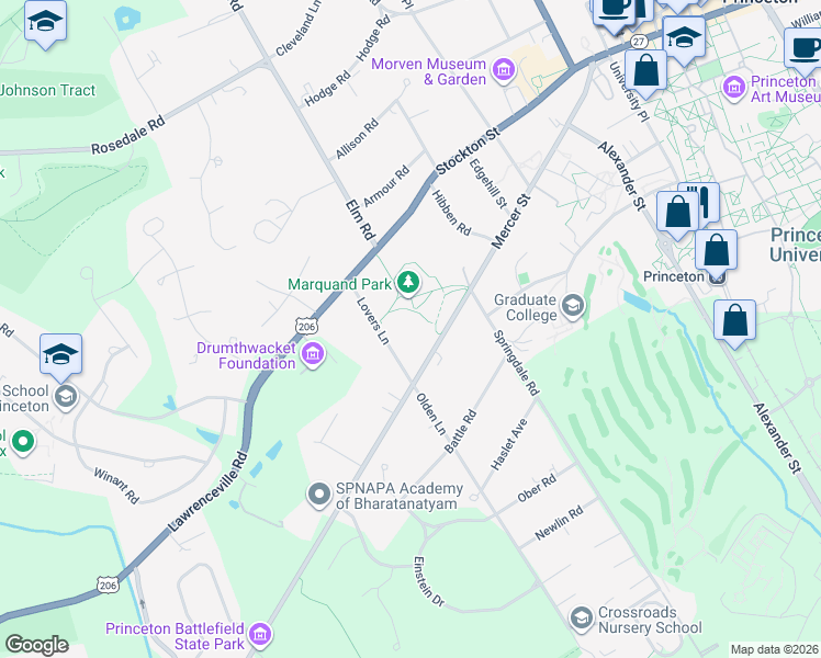 map of restaurants, bars, coffee shops, grocery stores, and more near in Princeton