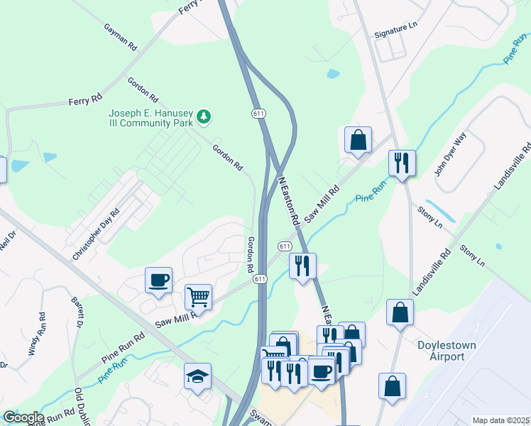 map of restaurants, bars, coffee shops, grocery stores, and more near in Doylestown