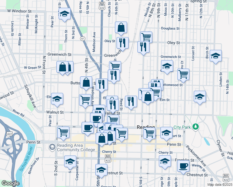 map of restaurants, bars, coffee shops, grocery stores, and more near 333 North 6th Street in Reading