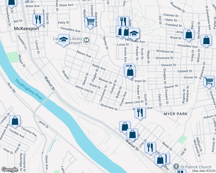 map of restaurants, bars, coffee shops, grocery stores, and more near 1908 Beaver Street in McKeesport