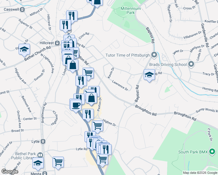 map of restaurants, bars, coffee shops, grocery stores, and more near 318 Broughton Road in Bethel Park