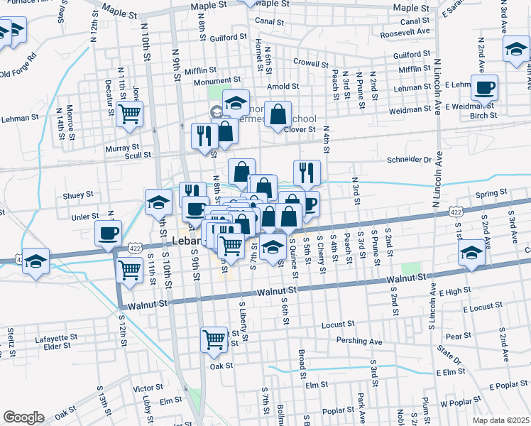 map of restaurants, bars, coffee shops, grocery stores, and more near 40 North 7th Street in Lebanon