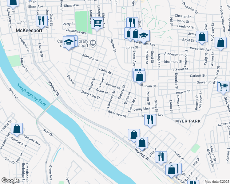 map of restaurants, bars, coffee shops, grocery stores, and more near 1908 Beaver Street in McKeesport