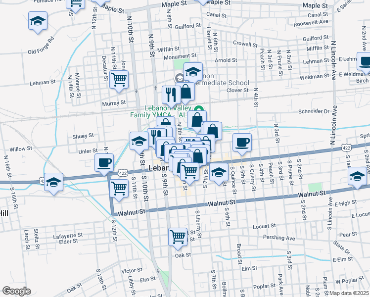 map of restaurants, bars, coffee shops, grocery stores, and more near 119 North 8th Street in Lebanon