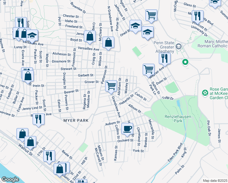 map of restaurants, bars, coffee shops, grocery stores, and more near 1712 Abraham Street in McKeesport