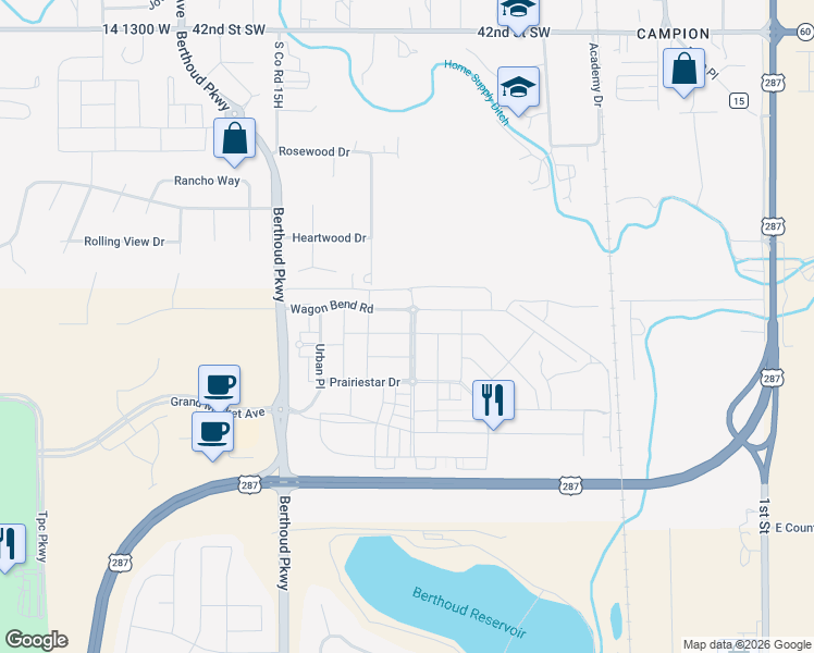 map of restaurants, bars, coffee shops, grocery stores, and more near 825 Wagon Bend Road in Berthoud