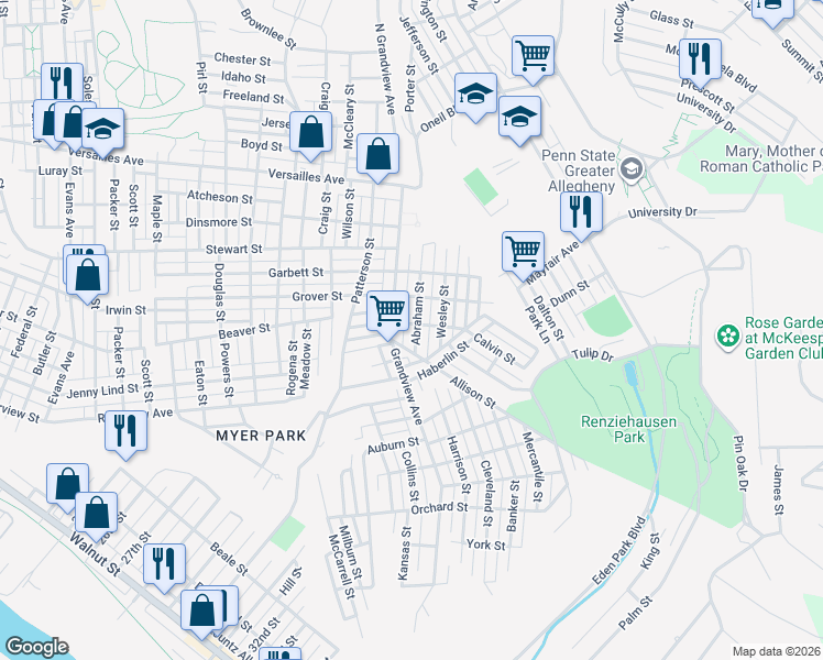 map of restaurants, bars, coffee shops, grocery stores, and more near 1712 Abraham Street in McKeesport