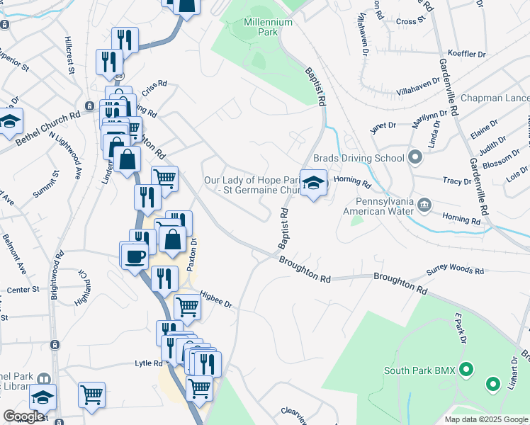 map of restaurants, bars, coffee shops, grocery stores, and more near 7016 Lawrence Drive in Bethel Park