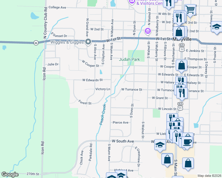map of restaurants, bars, coffee shops, grocery stores, and more near 801 Victory Lane in Maryville