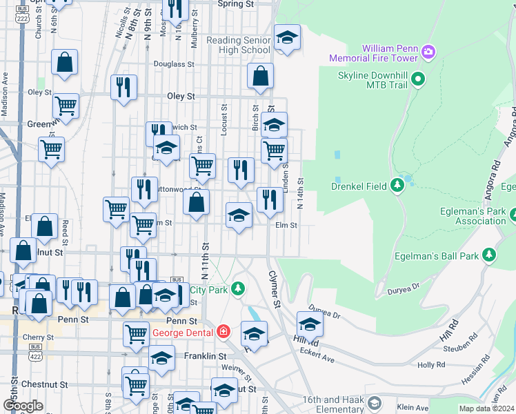 map of restaurants, bars, coffee shops, grocery stores, and more near 353 North 12th Street in Reading
