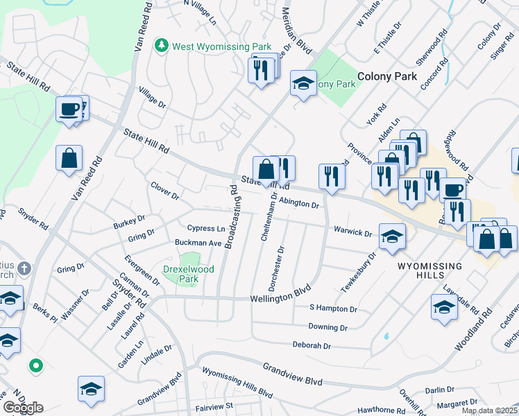 map of restaurants, bars, coffee shops, grocery stores, and more near 1900 Andre Court in Wyomissing