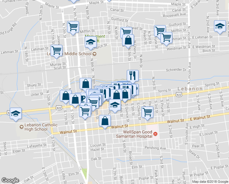 map of restaurants, bars, coffee shops, grocery stores, and more near 34 N 7th St in Lebanon