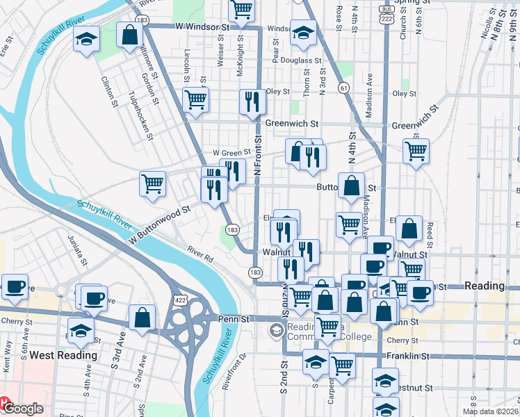 map of restaurants, bars, coffee shops, grocery stores, and more near 348A North Front Street in Reading